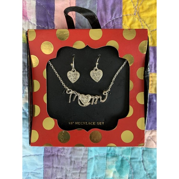 Crystal Jewelry - Silver And Crystal "MOM" Necklace And Earring Set